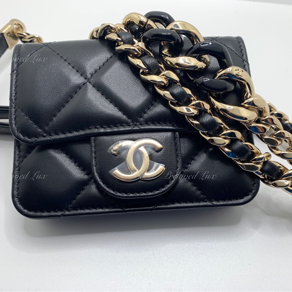 Authentic CHANEL Black Lambskin Mini Clutch Belt Waist Bag Gold Hardware - Picture 8 of 15
